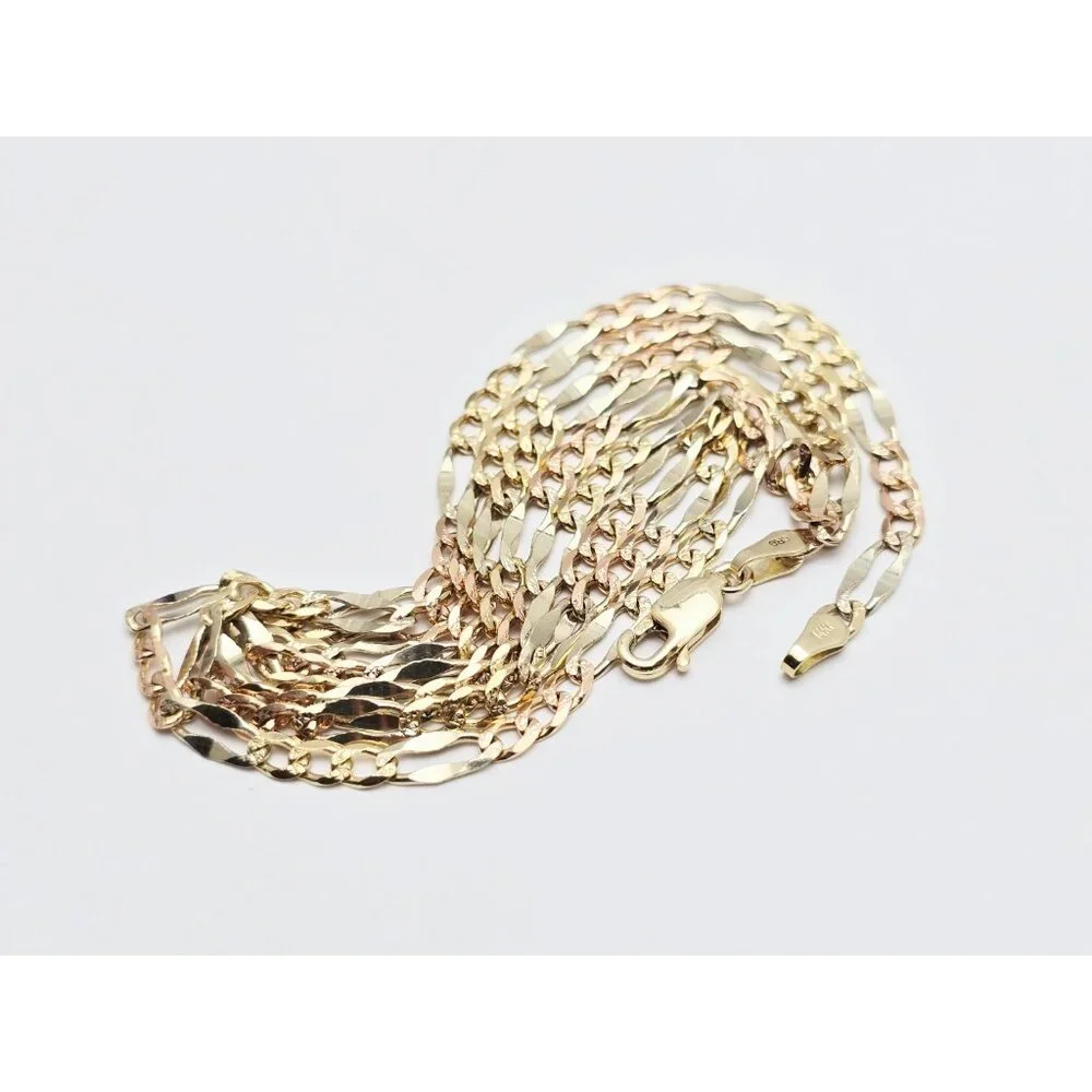 14K Two Tone Multi Color Gold Diamond Cut Figaro Link Chain Necklace - 24.25